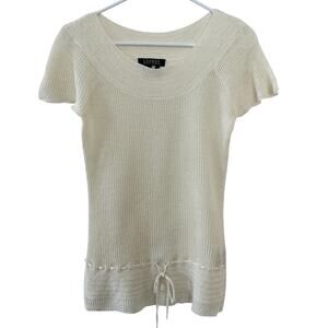 Lauren Ralph Lauren 100% Linen Knit Top Ivory Tie Hem Lightweight Short Sleeve S